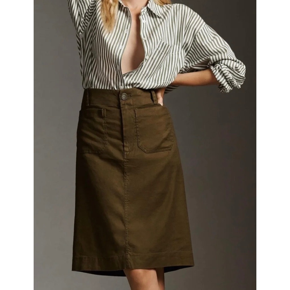 Anthropologie Maeve Colette Skirt‎ Linen Cotton Mid Length Skirt Olive Green XL